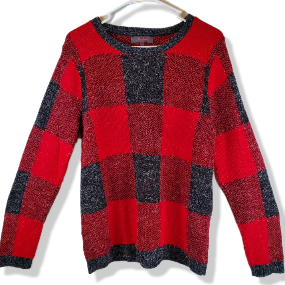 Marled Reunited Clothing Red Plaid Knit Sweater Pullover Size L Womens Holiday